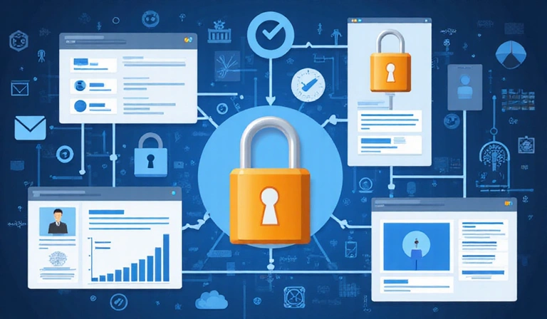Data collection illustration showing various types of information being securely processed