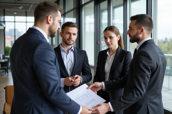 Legal team discussing case in modern office